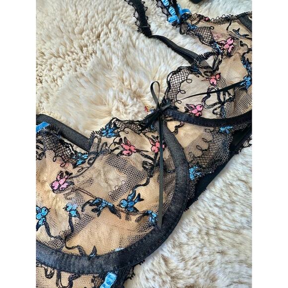 Honey Birdette PASCALE🩵 Blue Pink Embroidered Bra 32A - Picture 3 of 4